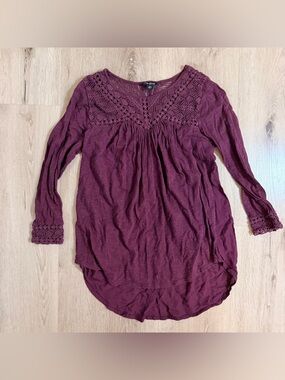 Lucky Brand Plum Boho Crochet Lace Yoke Blouse - Size XS